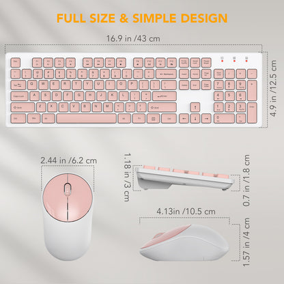 Wireless Keyboard and Mouse, Silent 2.4GHz Cordless Combo-Pink-Wagpak