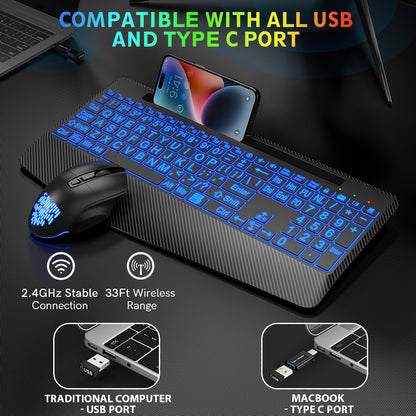 Wireless Keyboard and Mouse Backlits, Wrist Rest, Jiggler Mouse, Rechargeable Keyboard with Holder