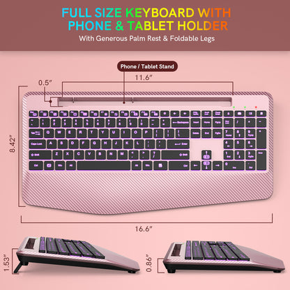 Wireless Keyboard with 7 Colored Backlits, Wrist Rest (Rose gold)