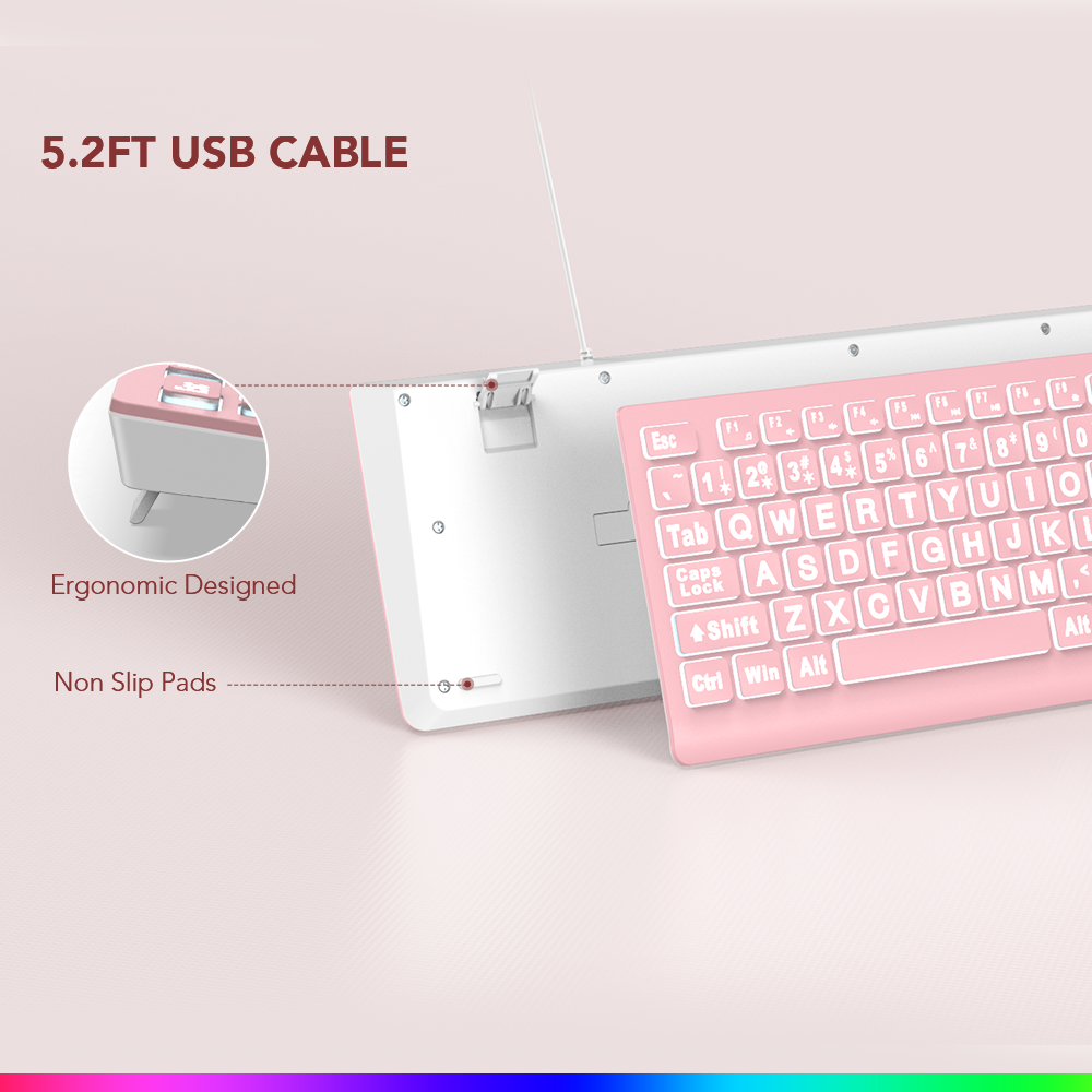 Wagpak Large Print Backlit Keyboard - Wired USB Lighted Computer Keyboard for Laptops,Pink