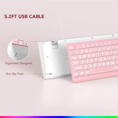 Wagpak Large Print Backlit Keyboard - Wired USB Lighted Computer Keyboard for Laptops,Pink