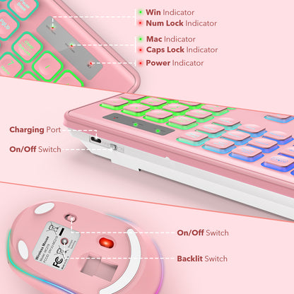 Wireless Keyboard and Mouse Backlit, Quiet Light Keys Sleep Mode Rechargeable Cordless Combo-pink