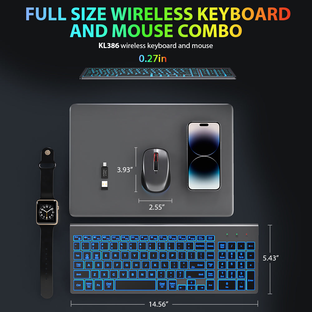 Wireless Keyboard and Mouse Combo - Quiet Backlit Keyboard with RGB Mouse, Rechargeable, Slim, Sleep Mode for Windows, Mac, Laptop - Space Gray-Wagpak