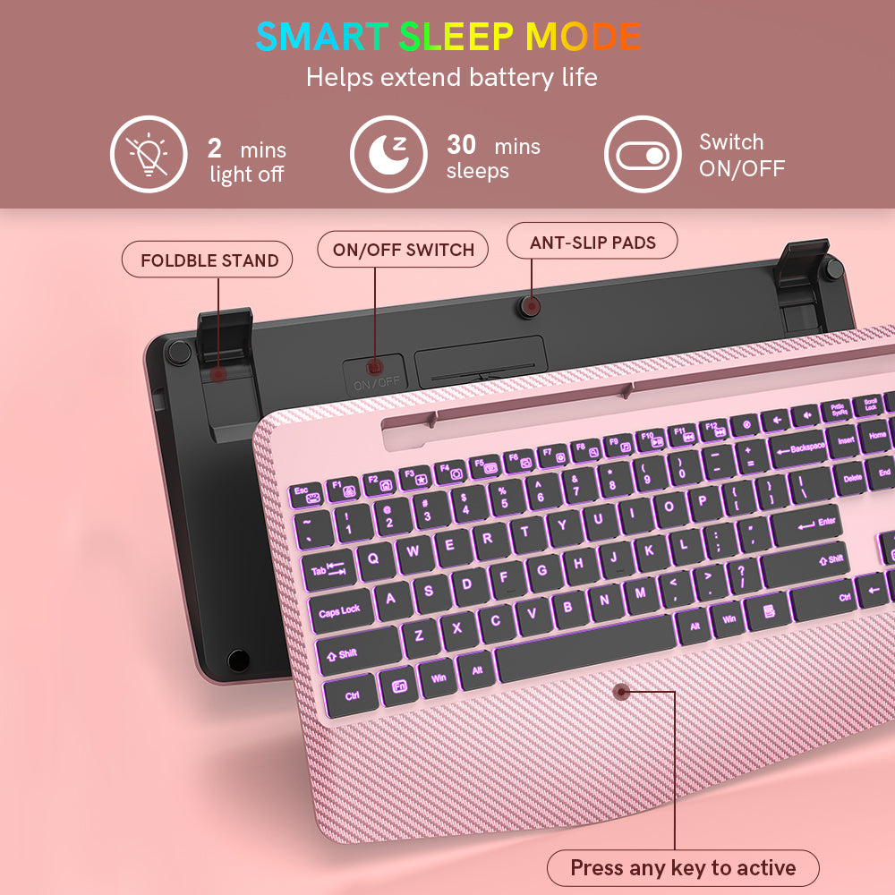 Wireless Keyboard with 7 Colored Backlits, Wrist Rest (Rose gold)