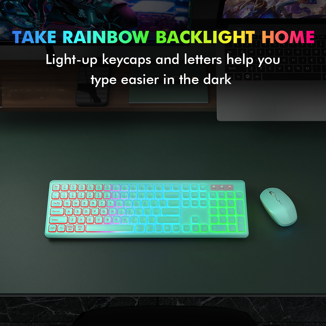Wagpak Backlit Keys Computer Keyboard & Mouse, Green, New