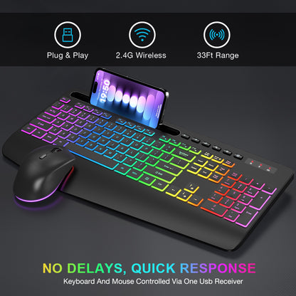 Wireless Keyboard and Mouse Combo, 9 Backlit Effects with Wrist Rest, Phone Holder