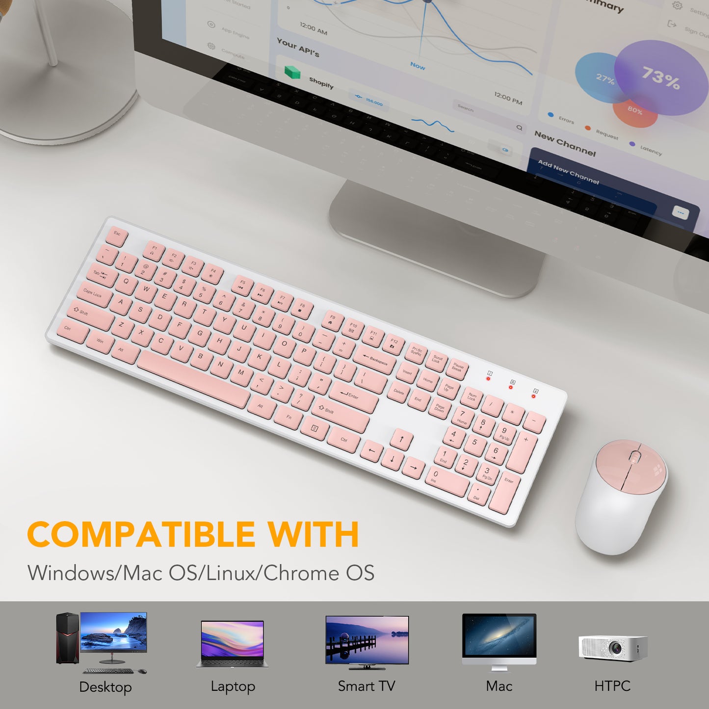 Wireless Keyboard and Mouse, Silent 2.4GHz Cordless Combo-Pink-Wagpak
