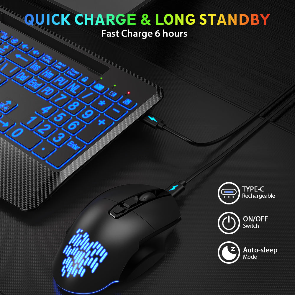 Wireless Keyboard and Mouse Backlits, Wrist Rest, Jiggler Mouse, Rechargeable Keyboard with Holder