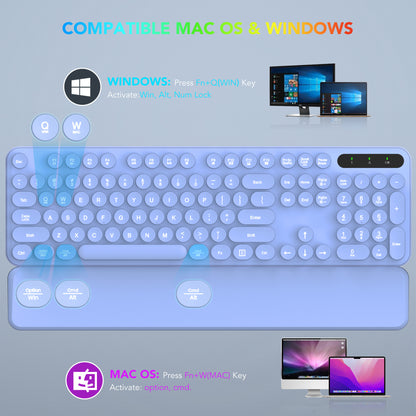 Wagpak Wireless Keyboard and Mouse Backlit - Retro Round Keycaps, Detachable Wrist Rest, Purple
