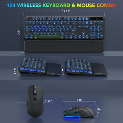 Wireless Keyboard and Mouse Backlit - Retro Round Keycaps, Detachable Wrist Rest