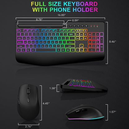 Wireless Keyboard and Mouse Combo, 9 Backlit Effects with Wrist Rest, Phone Holder