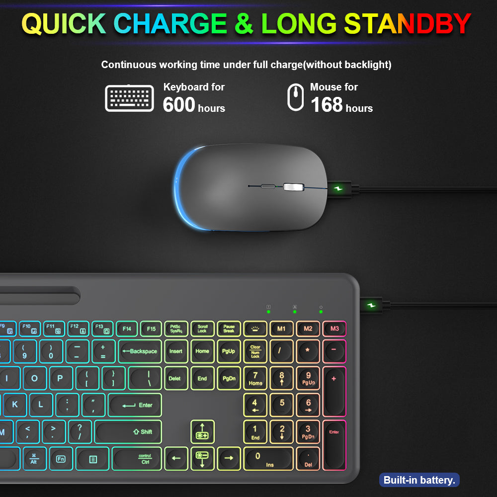 Wireless Keyboard and Mouse, 15 Backlit Effects, Slim Rechargeable Keyboard