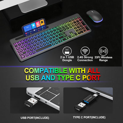 Wireless Keyboard and Mouse, 15 Backlit Effects, Slim Rechargeable Keyboard