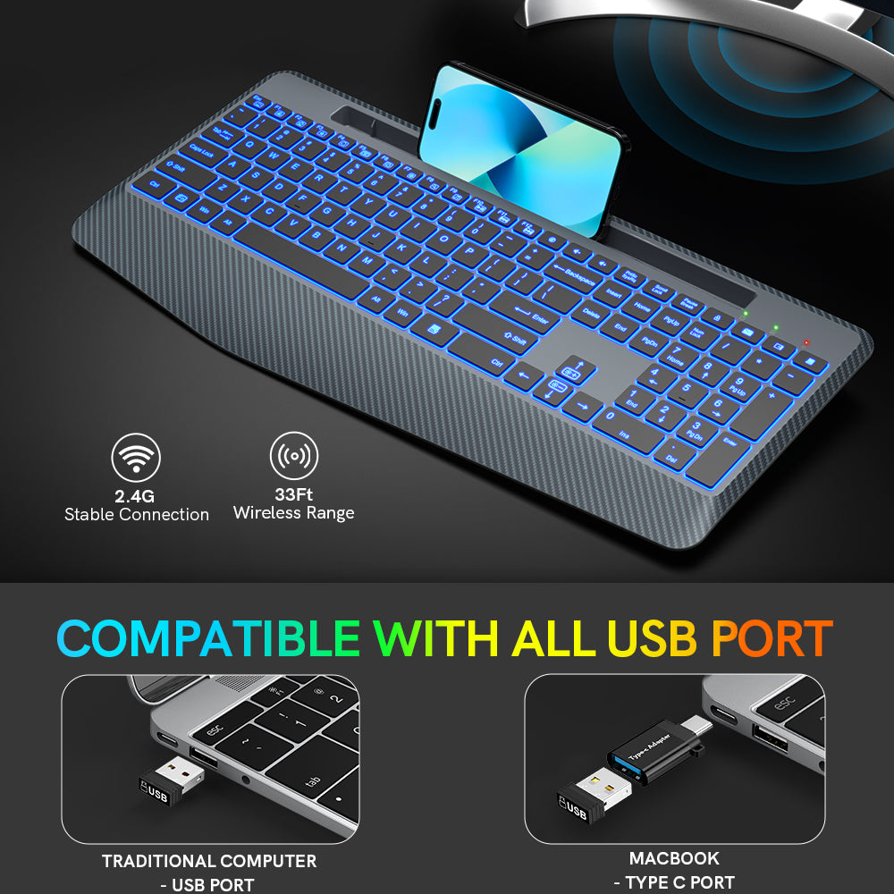 Wireless Keyboard with 7 Colored Backlits, Wrist Rest-Gray