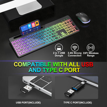 Wireless Keyboard and Mouse, 15 Backlit Effects, Slim Rechargeable Keyboard & Mouse Combo