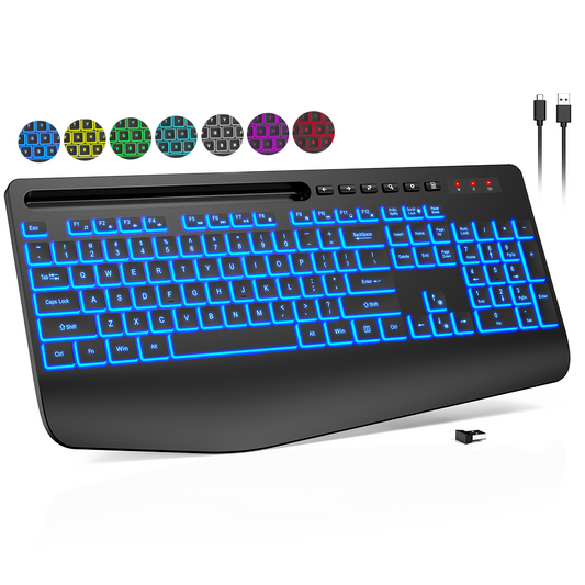 Wireless Keyboard-7 Colored Backlits-Rechargeable Ergonomic Keyboard with Silent Light Up Keys-Wrist Rest-Phone Holder-Cordless