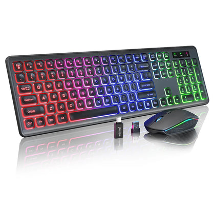 Wireless Keyboard and Mouse Combo - RGB Backlit-Rechargeable & Light Up Letters-Ergonomic Tilt Angle-Full-Size-Sleep