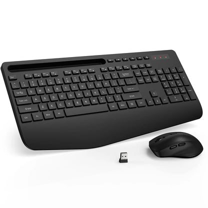 Wireless Keyboard and Mouse Combo -Wrist Rest Ergonomic Keyboard with Phone Holder