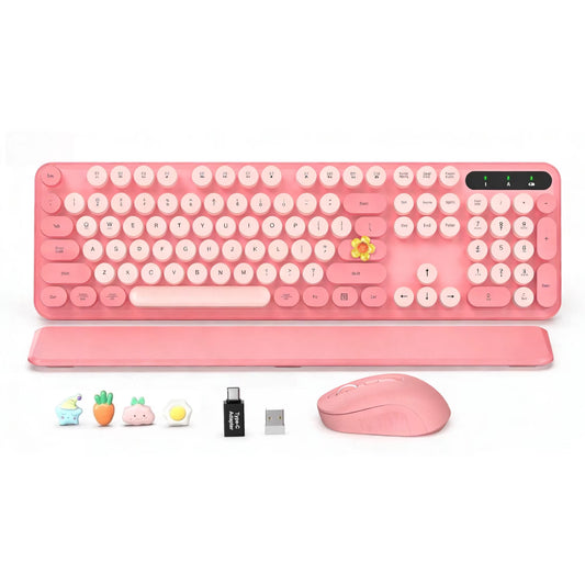 Wireless Keyboard and Mouse Combo, Retro Round Keycaps, Full Size with Detachable Wrist Rest, 2.4G for PC Mac Windows, Light Pink