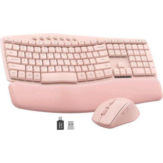 Wireless Keyboard Mouse Combo,Quiet Wave Keyboard with Leather Palm Rest, Ergonomic Mouse, Dual-System Switch, Plug & Play for Home Office,Pink