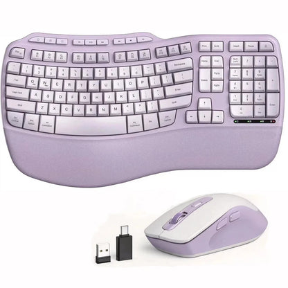 Ergonomic Wireless Keyboard and Mouse Combo, 2.4G Full Size Wave Keyboard with Cushioned Palm Rest, 3 DPI Adjustable Mouse, USB-A & C Compatible with Computer, Laptop, Mac & Tablet - Purple