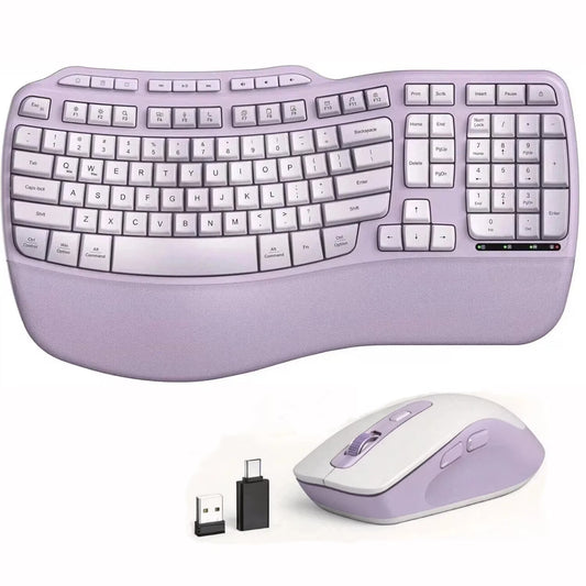 Ergonomic Wireless Keyboard and Mouse Combo, 2.4G Full Size Wave Keyboard with Cushioned Palm Rest, 3 DPI Adjustable Mouse, USB-A & C Compatible with Computer, Laptop, Mac & Tablet - Purple
