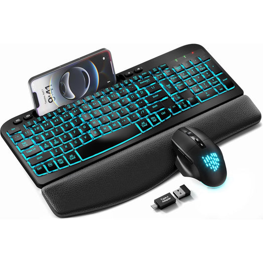 Wireless Keyboard and Mouse Combo, Ergonomic Wave Keyboard with Wrist Rest, RGB Backlit, Rechargeable, Dual System Compatible