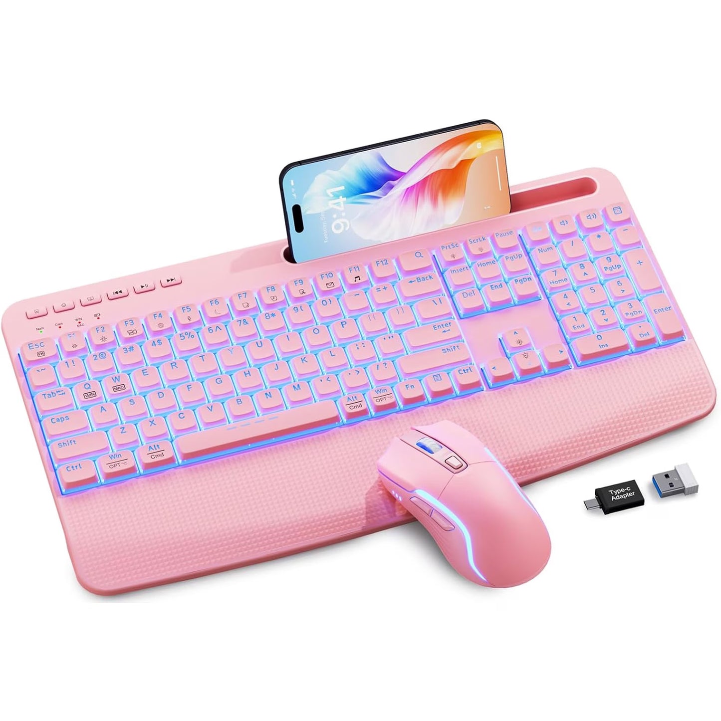 Rechargeable Backlit Wireless Keyboard and Mouse Combo, Ergonomic with Wrist Rest & Phone Holder, Silent for Windows/Mac/Chrome OS - Pink