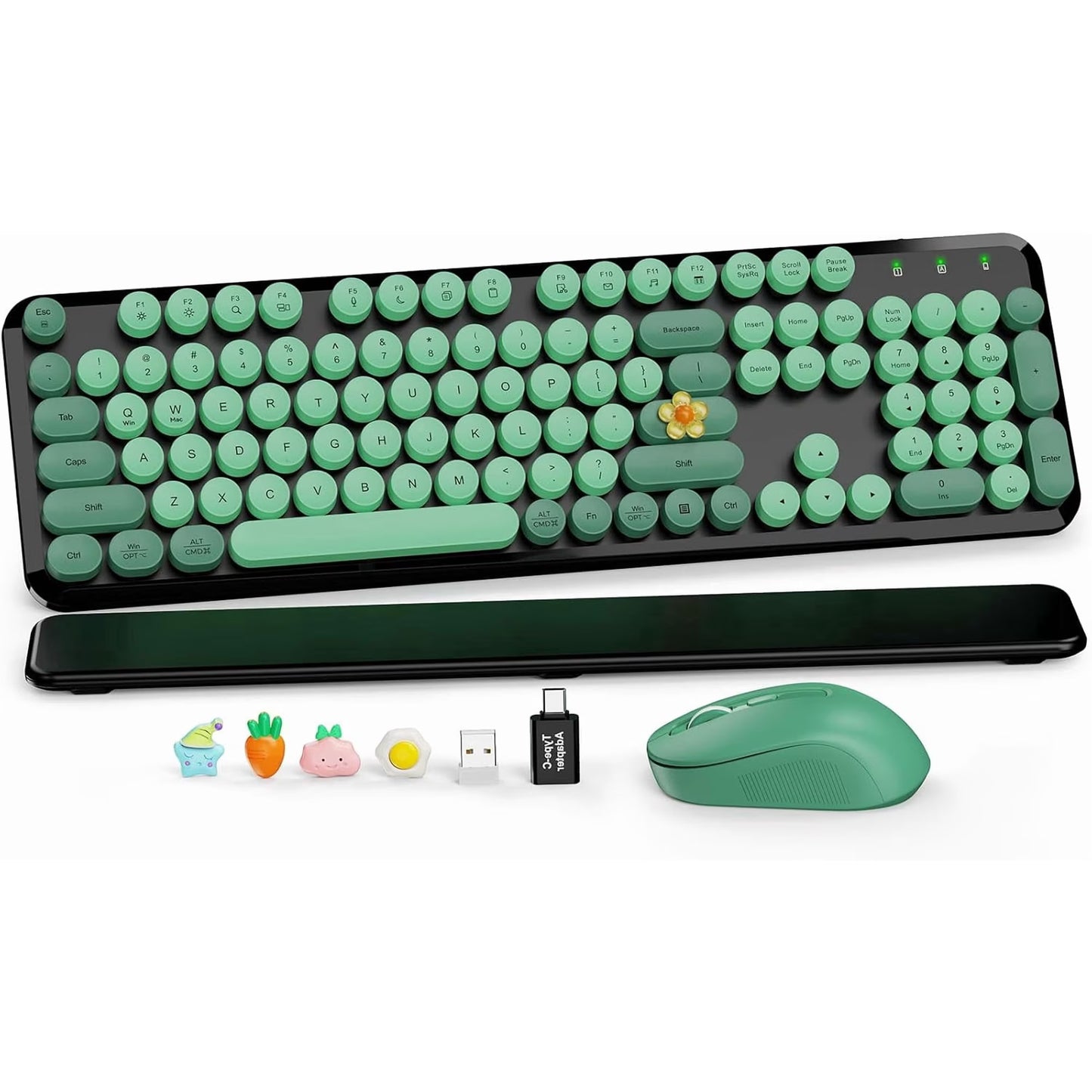 Wireless Keyboard and Mouse Combo, Retro Round Keycaps, Full Size with Detachable Wrist Rest, 2.4G for PC Mac Windows, Dark Green