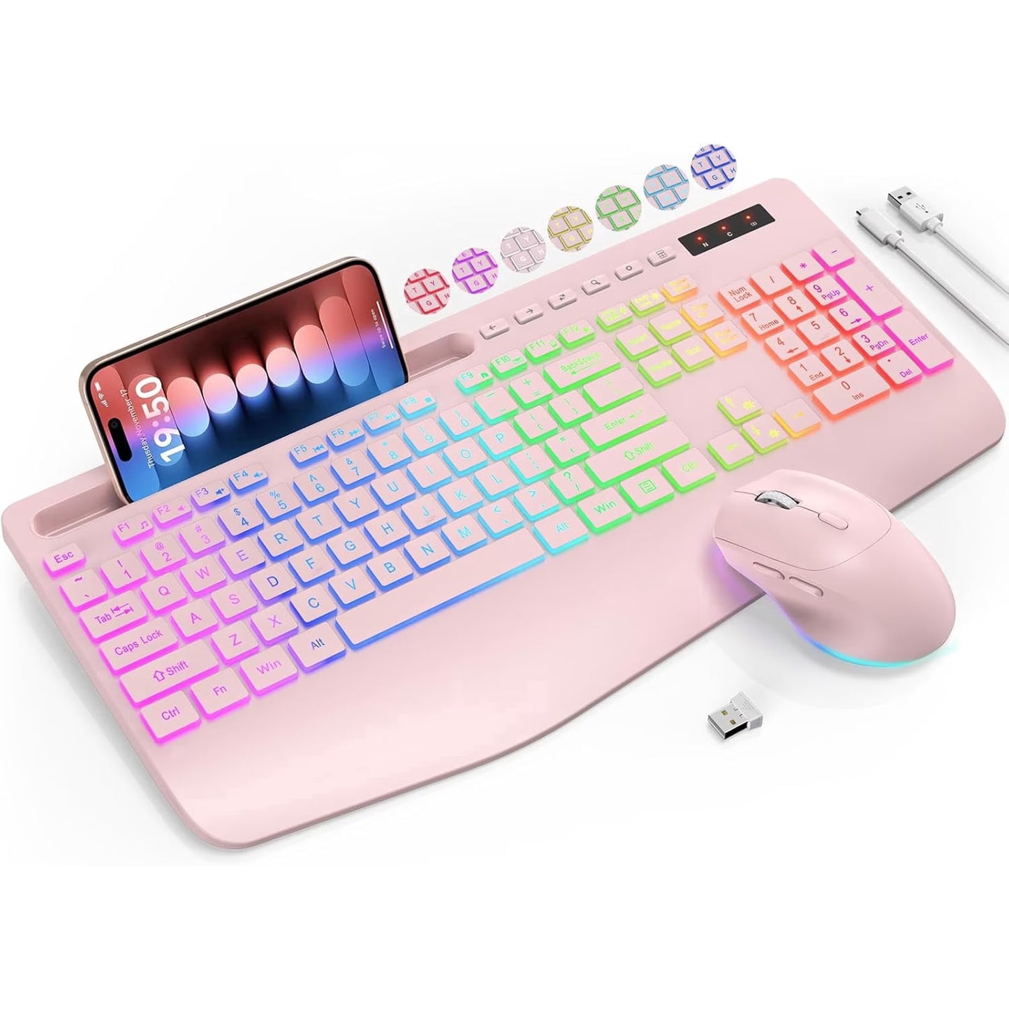 Wireless Keyboard and Mouse Combo with 9 Backlit, Wrist Rest & Phone Holder,Pink, New