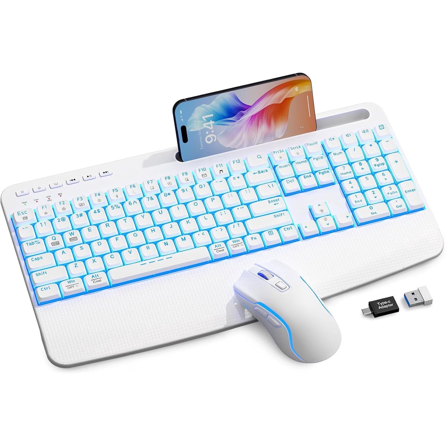 Rechargeable Backlit Wireless Keyboard and Mouse Combo, Ergonomic with Wrist Rest & Phone Holder, Silent for Windows/Mac/Chrome OS - Cloud White