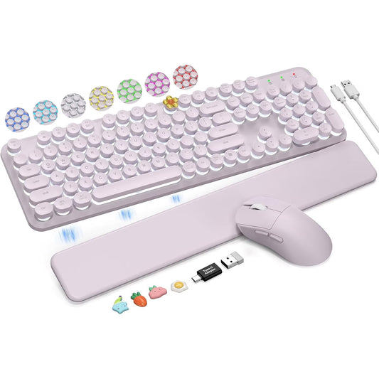 Wireless Keyboard and Mouse Combo, Backlit Typewriter Keyboard with Magnetic Wrist Rest, Retro Round Keycaps, 2.4GHz Cordless, Dusty Lavender