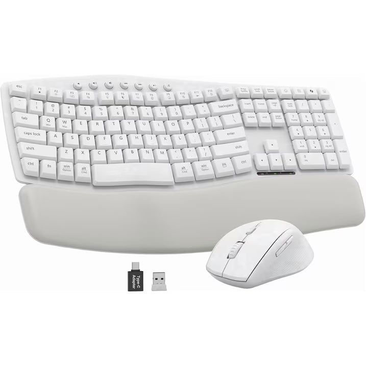 Wireless Keyboard Mouse Combo,Quiet Wave Keyboard with Leather Palm Rest, Ergonomic Mouse, Dual-System Switch, Plug & Play for Home Office,White