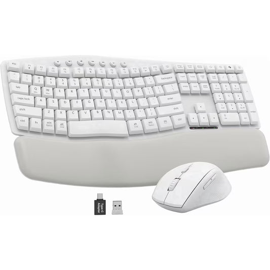 Wireless Keyboard Mouse Combo,Quiet Wave Keyboard with Leather Palm Rest, Ergonomic Mouse, Dual-System Switch, Plug & Play for Home Office,White