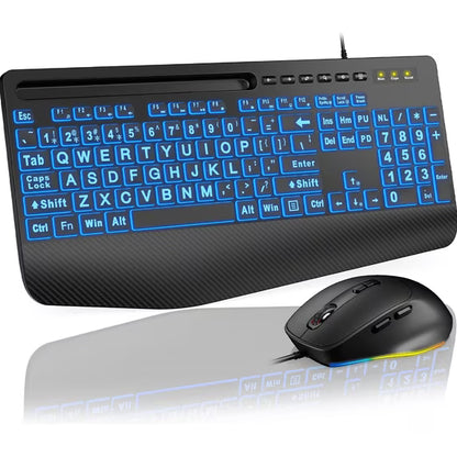 Wired Keyboard & Mouse Combo, 4X Large Print RGB Backlit Keys with Palm Rest, Ergonomic USB Plug & Play Set for Seniors Students PC Laptop Mac Home Office