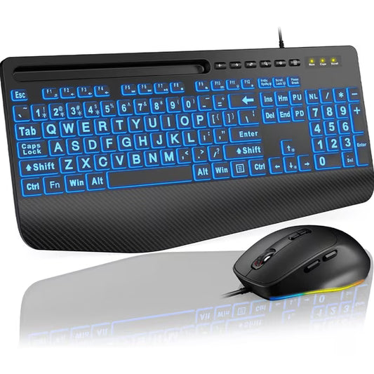 Wired Keyboard & Mouse Combo, 4X Large Print RGB Backlit Keys with Palm Rest, Ergonomic USB Plug & Play Set for Seniors Students PC Laptop Mac Home Office