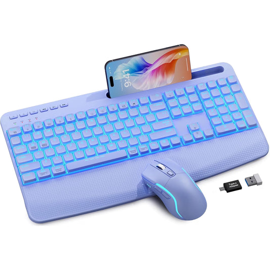Rechargeable Backlit Wireless Keyboard and Mouse Combo, Ergonomic with Wrist Rest & Phone Holder, Silent for Windows/Mac/Chrome OS - Purple