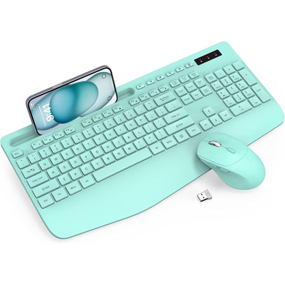 Wagpak Wireless Keyboard and Mouse Combo Wrist Rest Ergonomic Phone Holder Full-Sized Silent 2.4GHz Cordless Keyboard Mouse Set for Computer,Laptop, PC, Mac, Windows Green