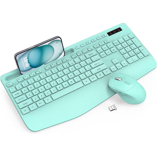 Wagpak Wireless Keyboard and Mouse Combo Wrist Rest Ergonomic Phone Holder Full-Sized Silent 2.4GHz Cordless Keyboard Mouse Set for Computer,Laptop, PC, Mac, Windows Green