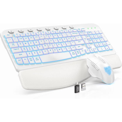 Wireless Keyboard and Mouse Combo - Ergonomic Wave Rechargeable Keyboard with Soft Leather Wrist Rest, RGB Backlit -White