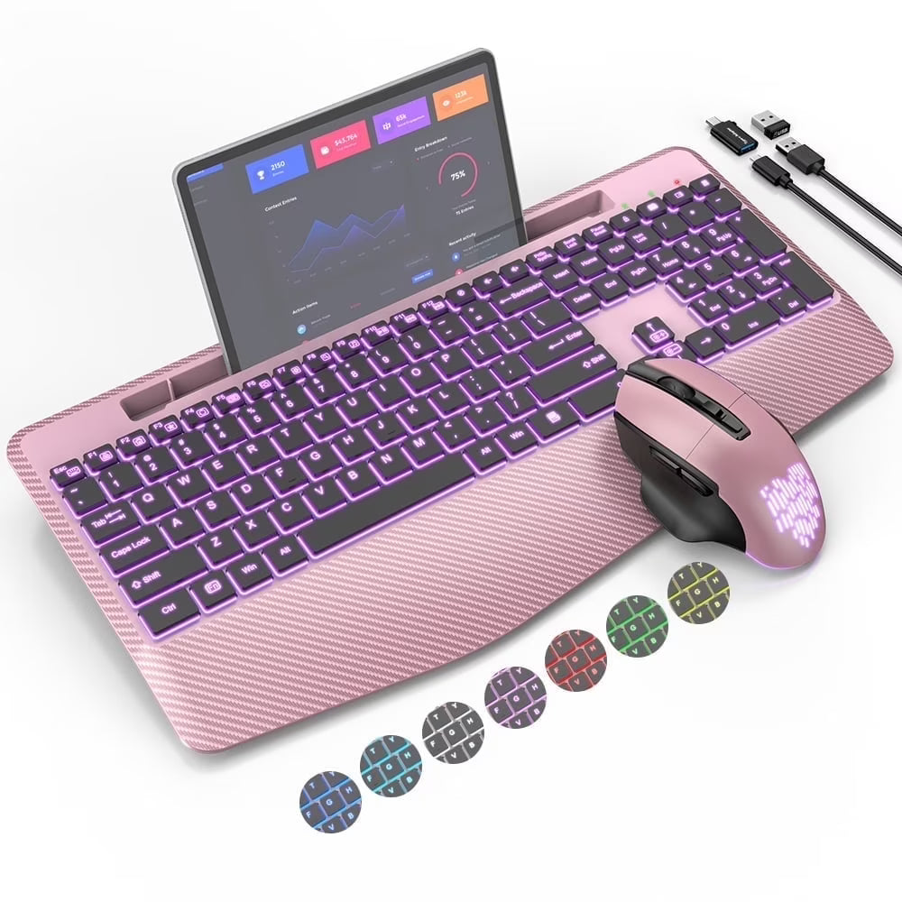 Wireless Keyboard and Mouse Backlit, Rechargeable Ergonomic Keyboard with Wrist Rest, LED Mouse, Phone Holder, Silent for Computer, Mac, PC, Laptop, Chromebook-roas gold