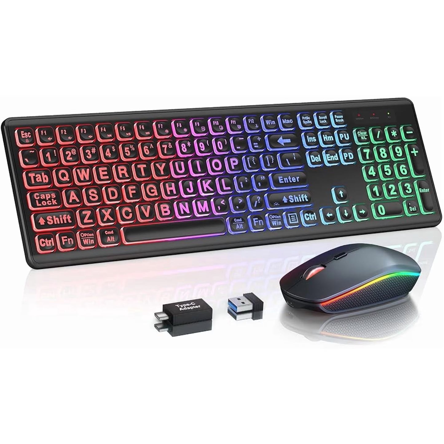 Wireless Keyboard and Mouse Combo, RGB Backlit, Rechargeable & Light Up Letters, Full-Size, Soft Typing, Sleep Mode, 2.4GHz Quiet Keyboard Set for Mac, Windows, Laptop, PC (Black)
