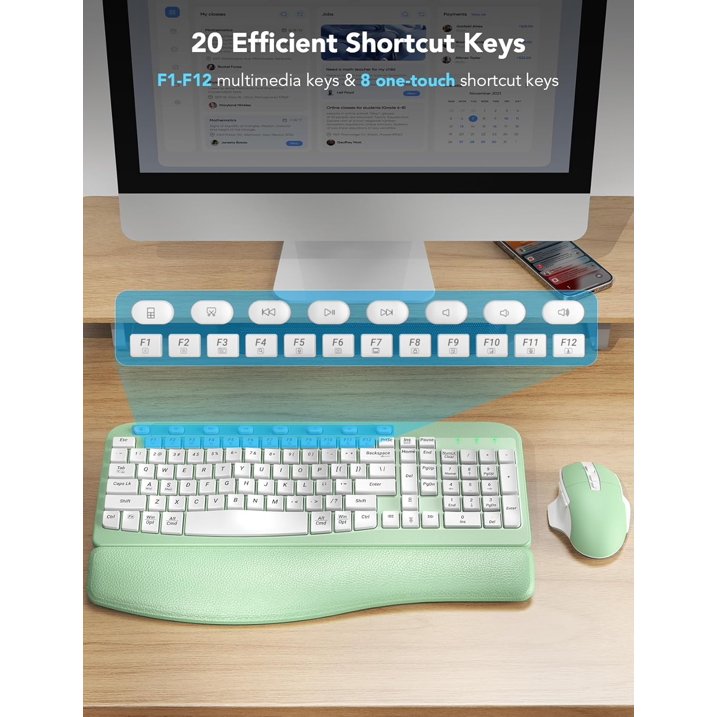 Ergonomic Wireless Keyboard and Mouse Combo, Leather Cushioned Palm Rest, Wave Keys, Silent Typing, 2.4G Lag-Free-Green