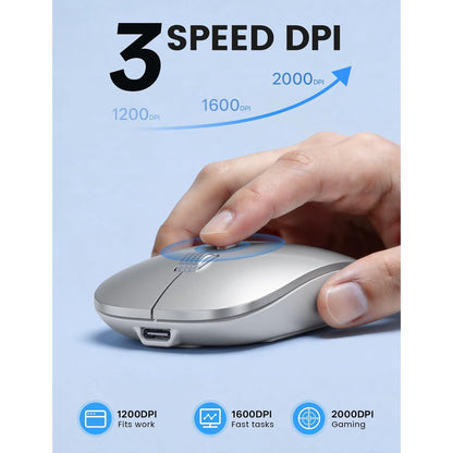 Bluetooth Wireless Mouse for MacBook, iPad, Laptop, Tri-Mode Rechargeable Silent Slim Computer Mouse for 3 Devices with USB & USB-C,Sliver