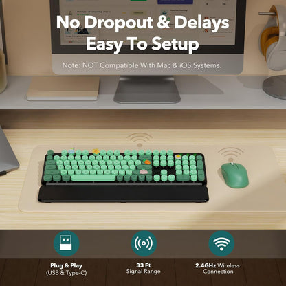 Wireless Keyboard and Mouse Combo, Retro Round Keycaps, Full Size with Detachable Wrist Rest, 2.4G for PC Mac Windows, Dark Green