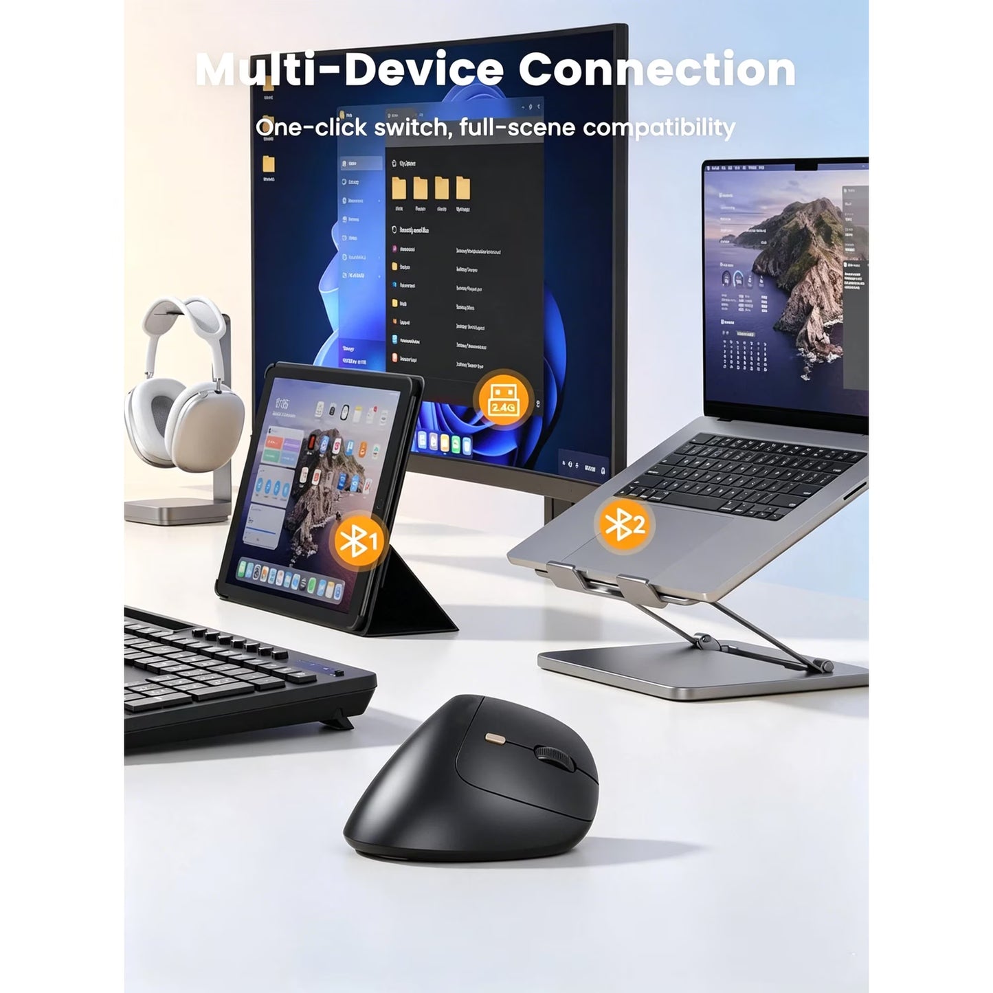 Ergonomic Vertical Mouse, Rechargeable Wireless Bluetooth Mouse for Small & Medium Hands, 4 Adjustable DPI Silent Click, Dual-Device Connection, Auto Sleep for Windows Mac OS, Black