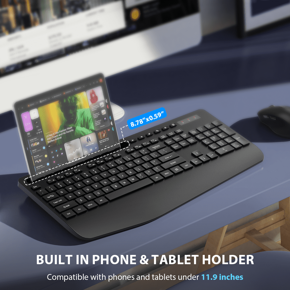 Ergonomic Wireless Keyboard and Mouse Combo with Phone Holder - Full-Sized, Silent, 2.4GHz Cordless Set for PC, Mac, Windows
