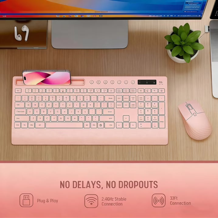 Wireless Keyboard and Mouse Combo with Full-Size Quiet, Palm Rest, Phone Holder, Multimedia Keys, Batteries Included, Compatible with Windows, PC, Laptop - Pink