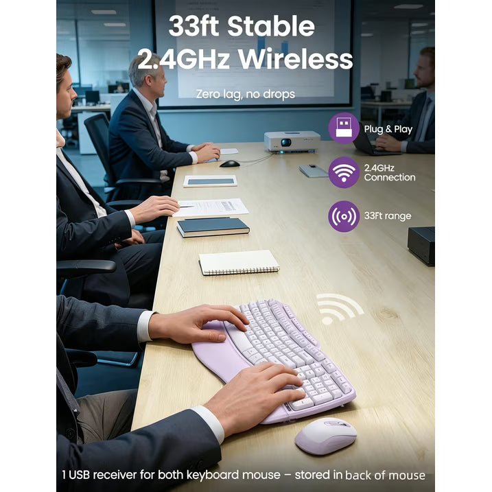 Ergonomic Wireless Keyboard and Mouse Combo, 2.4G Full Size Wave Keyboard with Cushioned Palm Rest, 3 DPI Adjustable Mouse, USB-A & C Compatible with Computer, Laptop, Mac & Tablet - Purple