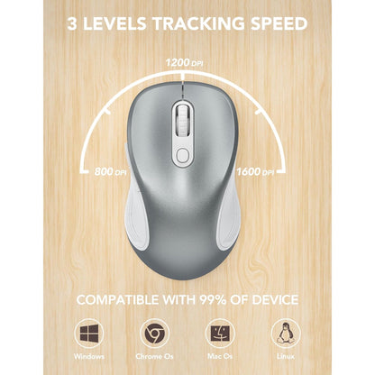 Wireless Mouse for Laptop, Ergonomic Silent Computer Mouse with USB & USB-C, 3 DPI 6 Buttons,Silver Grey